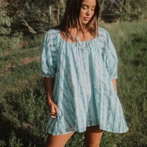 Peach Love California Little Blue Flowers Floral Puff Sleeves Cottagecore Romper